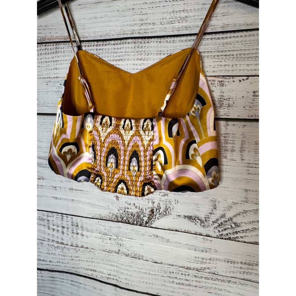 House of Harlow 1960 Retro Geometric Print Satin Crop Top Mustard Lavender Small - Picture 2 of 6